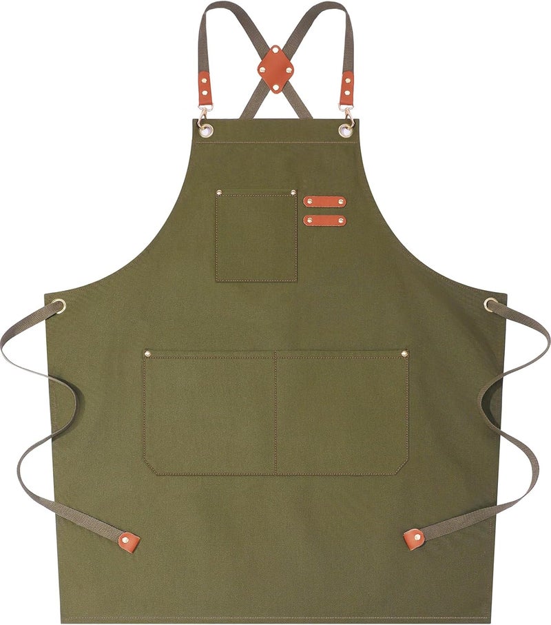 AFUN Chef Aprons for Women Men with Large Pockets, 12-Ounce Cotton Canvas Cross Back Water Repellent Apron (Grey Green) - Image 1